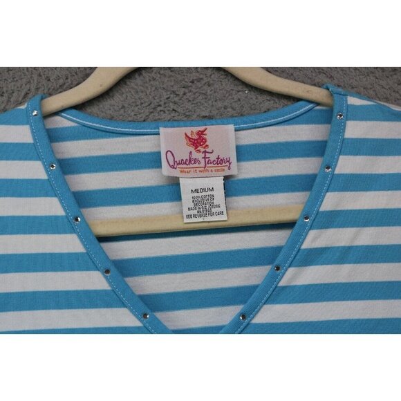Quaker Factory Striped Short Sleeve Blouse-Embroidered-Rhinestones-Medium - Picture 6 of 11